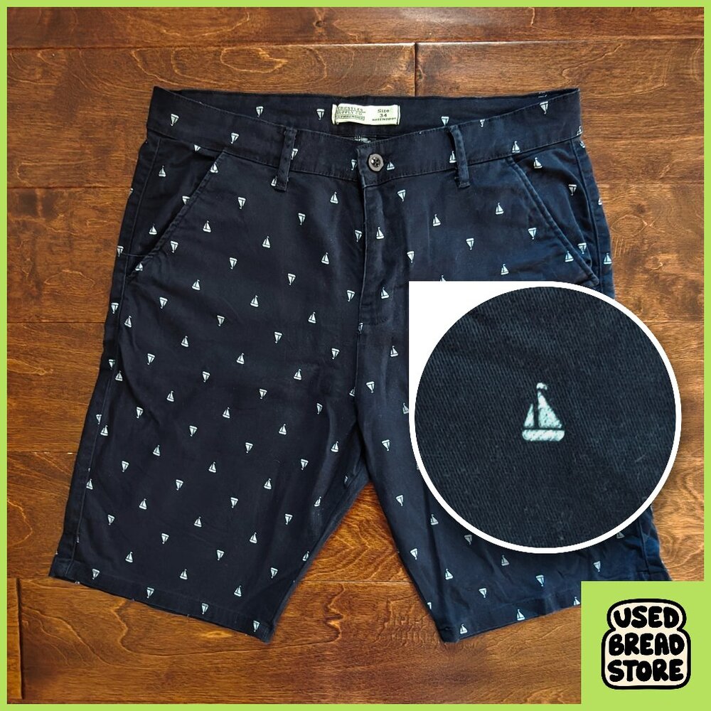 Navy Blue Boat Bermuda Shorts 34 Cotton Beach Nautical Coastal Vacation Summer